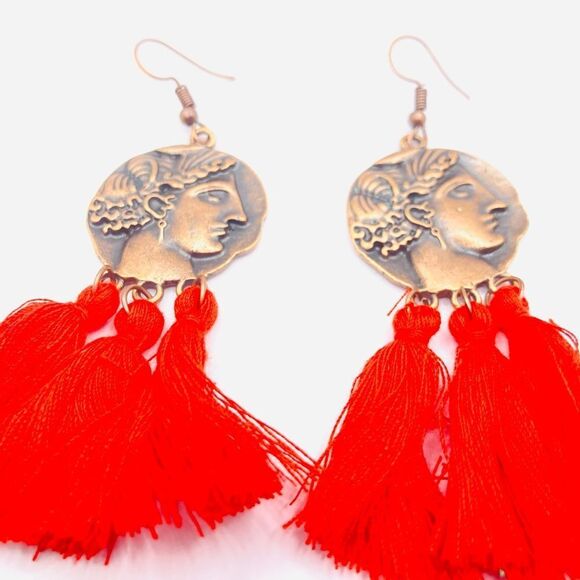 Antique bronze coin red tassel earrings - Picture 2 of 4